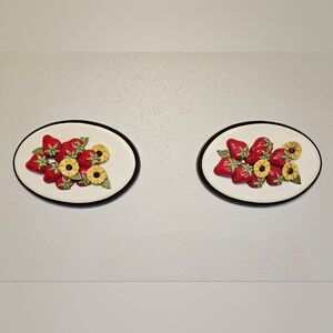 Vintage Italian Ceramic Strawberry Yellow Flower Oval Wall Hanging Decor